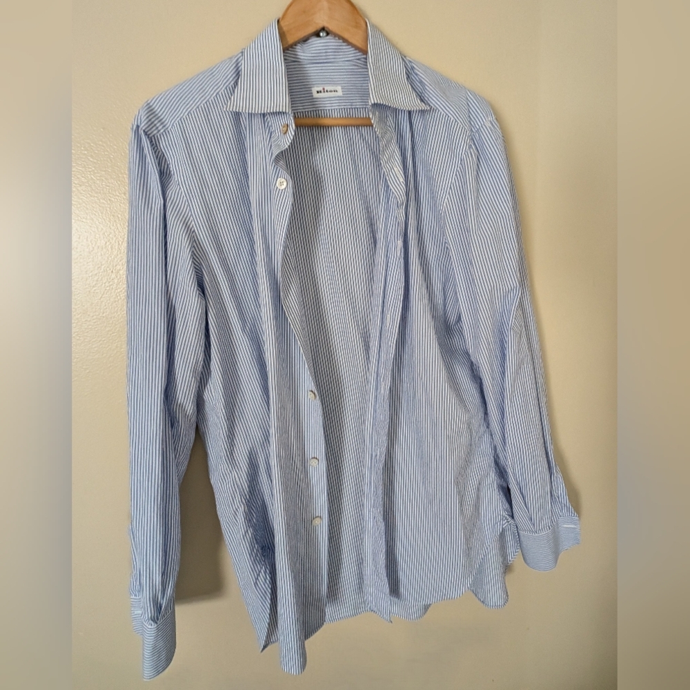 Kiton Blue/White Stripe Cotton Button Down French Cuff Shirt Men's